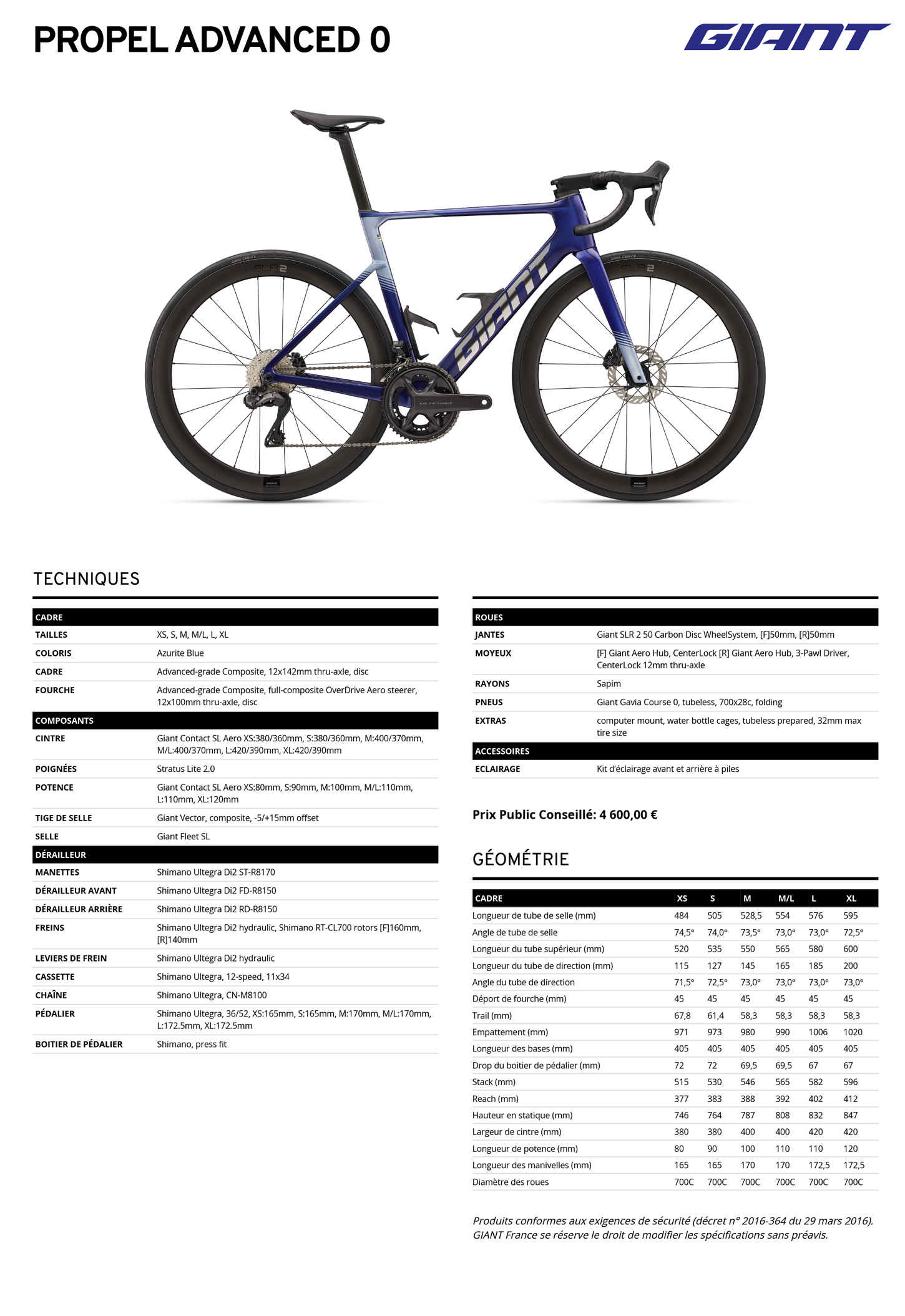 Fiche technique du velo Propel Advanced 0 année 2027